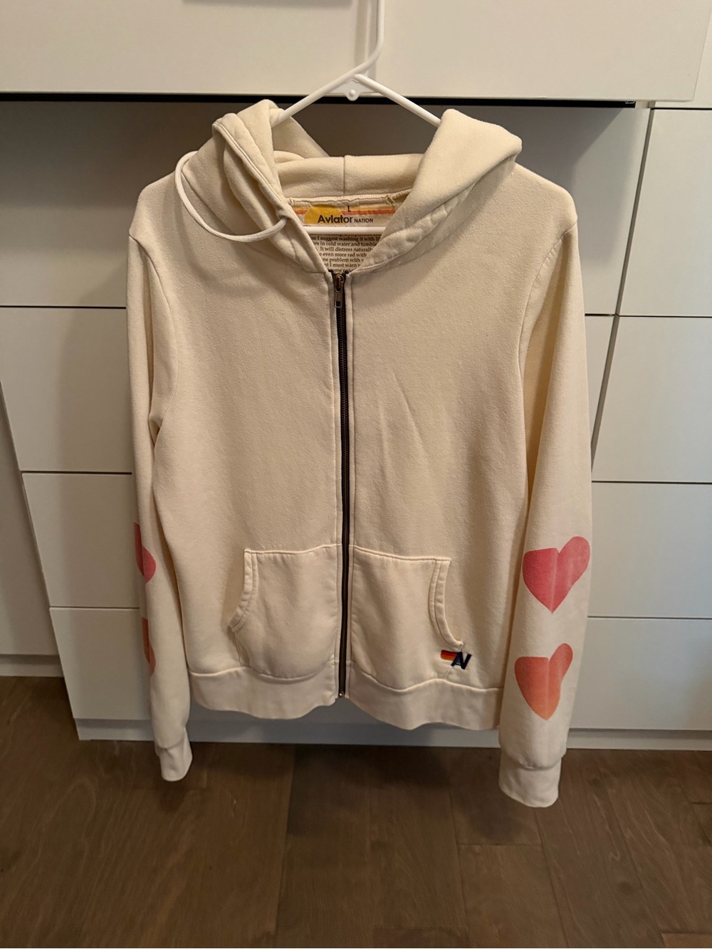 Aviator Nation Cream Zip Hoodie with Pink Heart Sleeves
